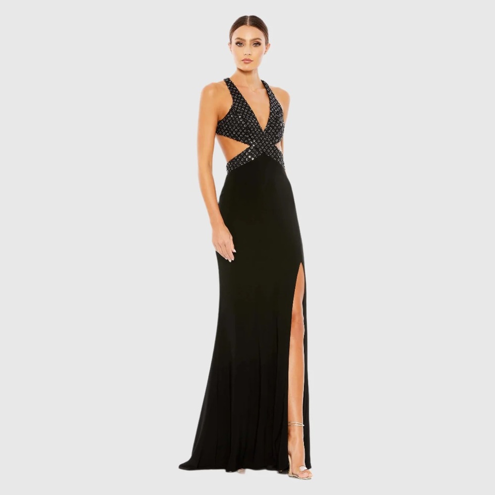 Mac Duggal 68166 Black Floral Sequined Crisscross‎ Bodice Gown Size 2 NWT
